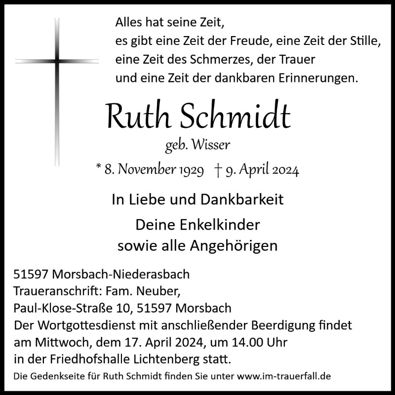 Gedenkseite für Ruth Schmidt | Bestattungen Puhl